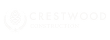 A very light gray logo on a white background reading CRESTWOOD CONSTRUCTION, with a pinecone and laurel graphic to the left.