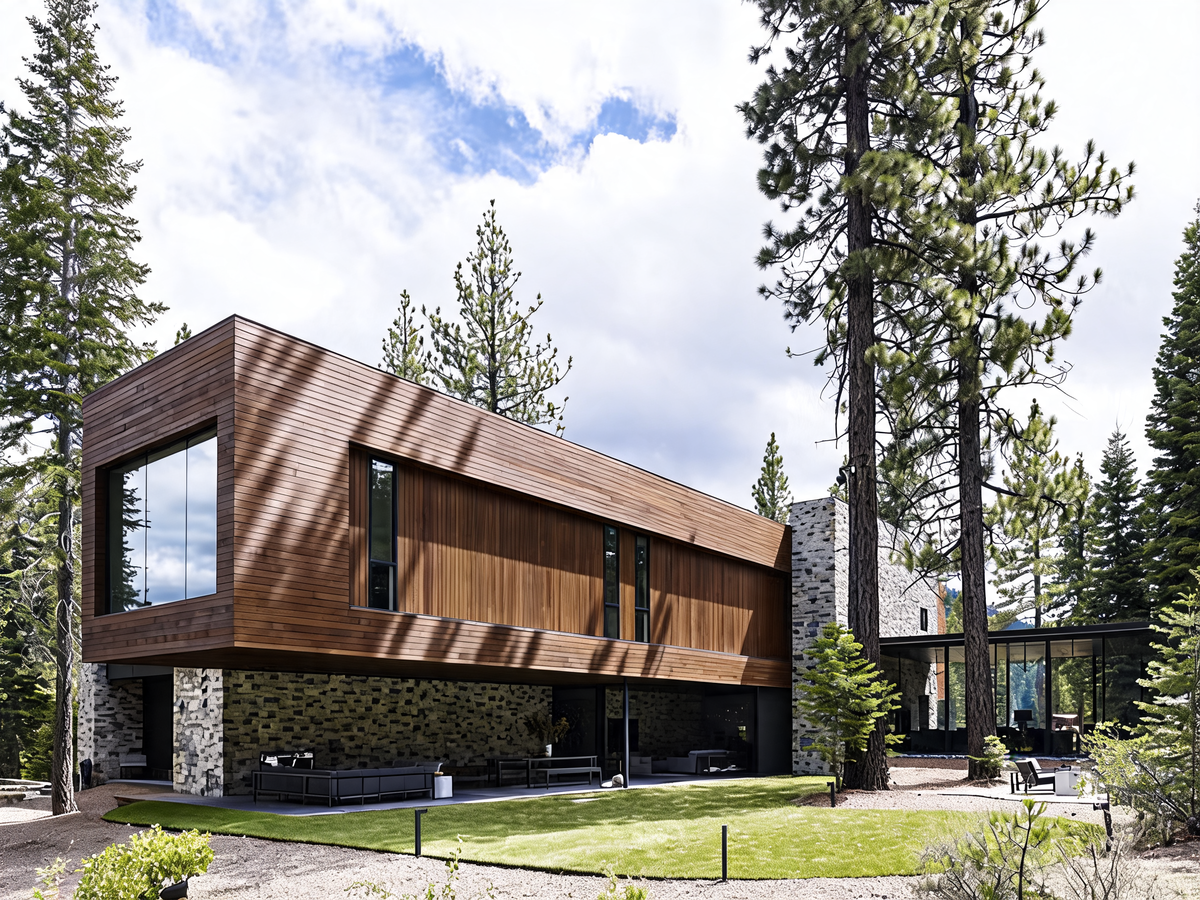 Modern two-story house with a warm brown wood-clad exterior, large glass windows, and stone masonry, set among tall pine trees with a landscaped lawn in front.